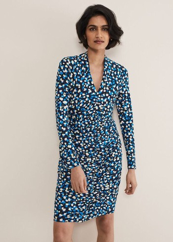 Phase Eight Juno Ruched V Neck Dotty Bodycon Dress Blue/Multicolor Canada | QZJSPX-170